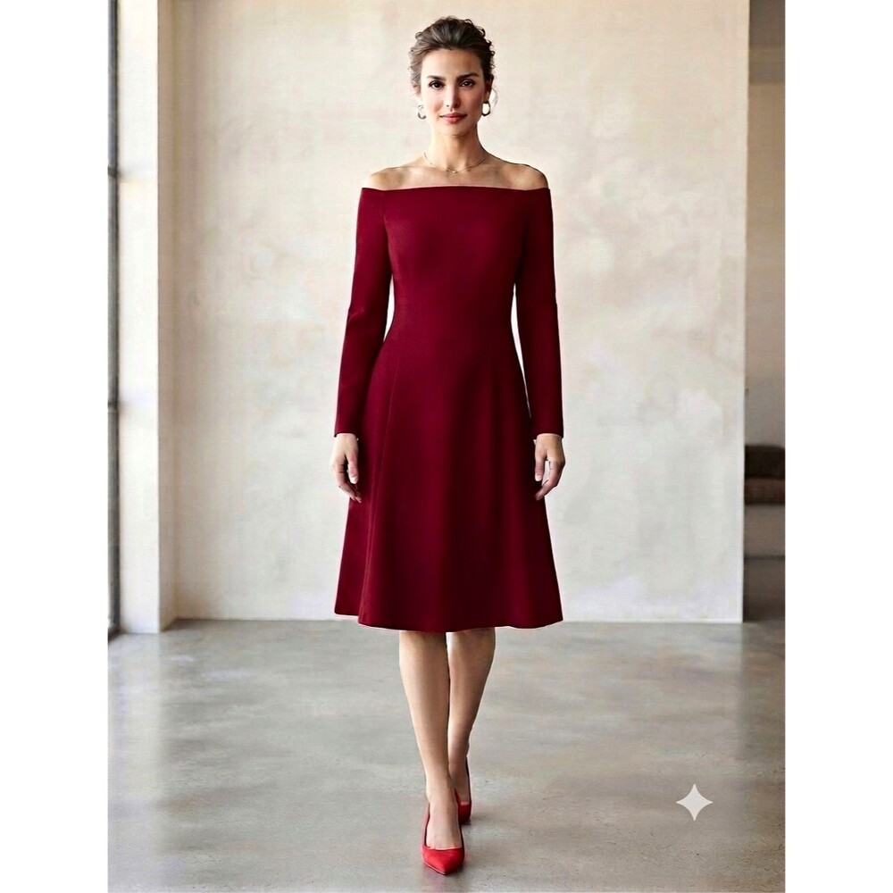 Lark & Ro Burgundy Off Shoulder A-Line Knee Dress